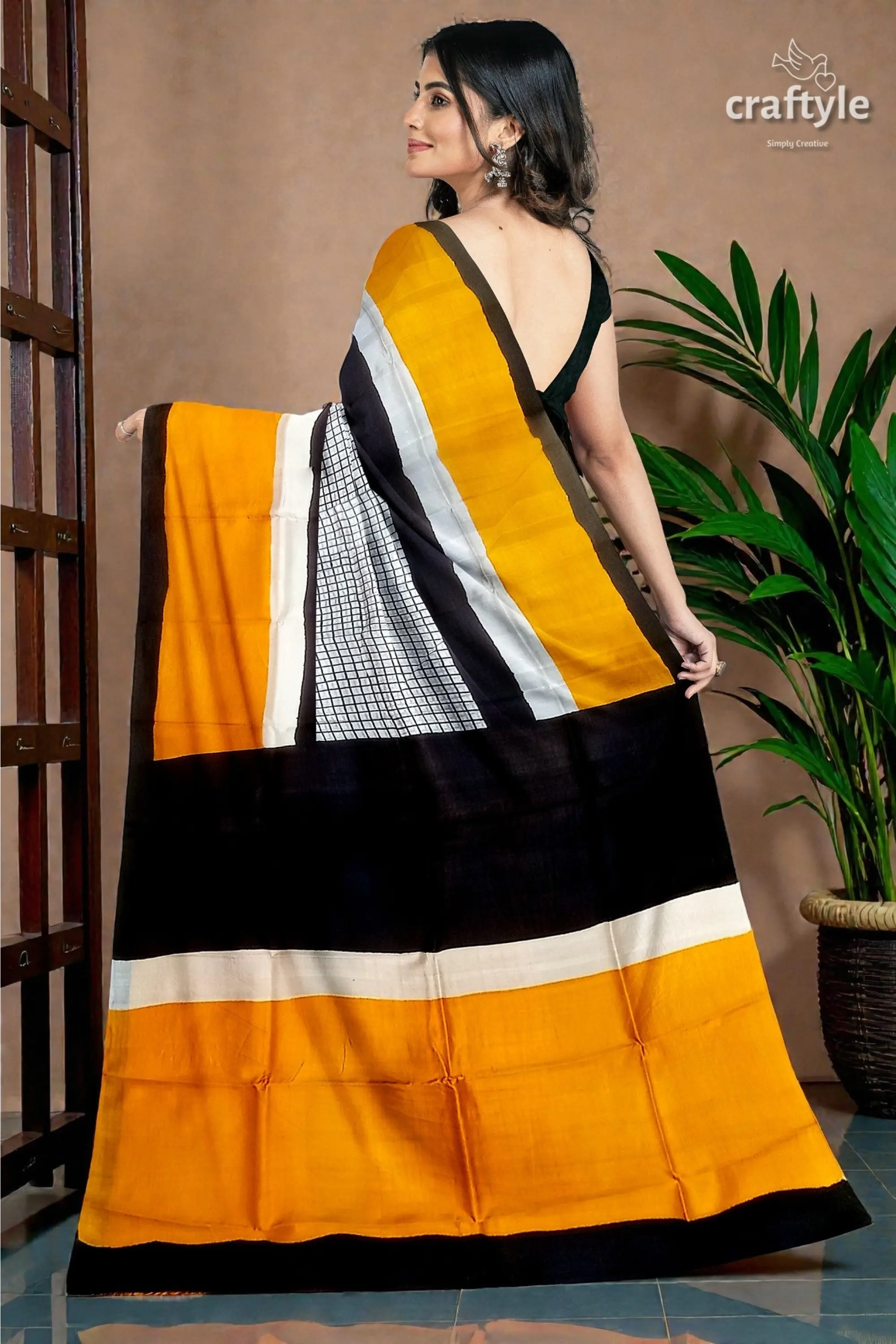 Hand block print mulberry pure silk saree - golden yellow and black 6