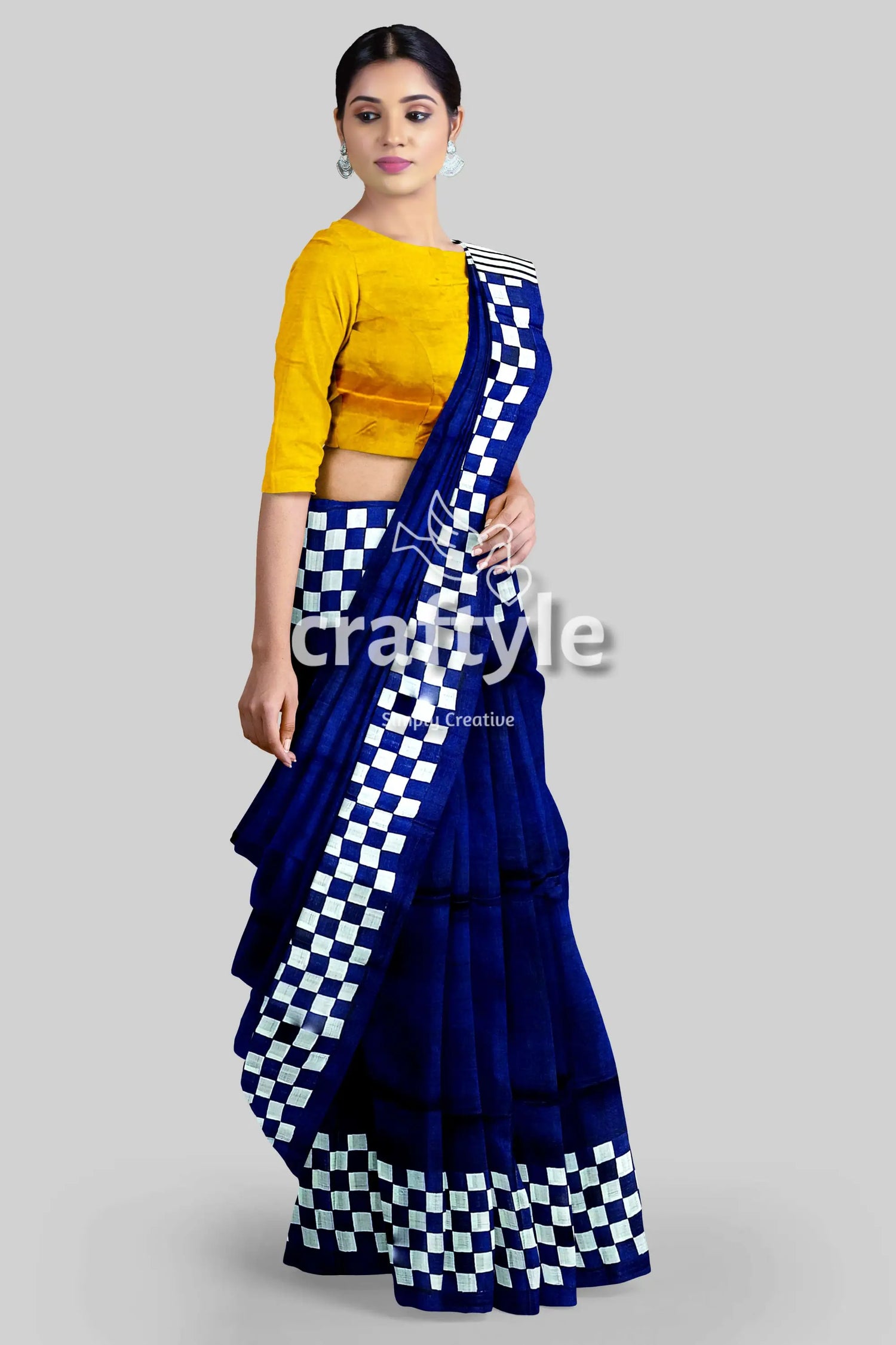 Hand block print mulberry pure silk saree in imperial blue and yellow blue white checkered saree 2