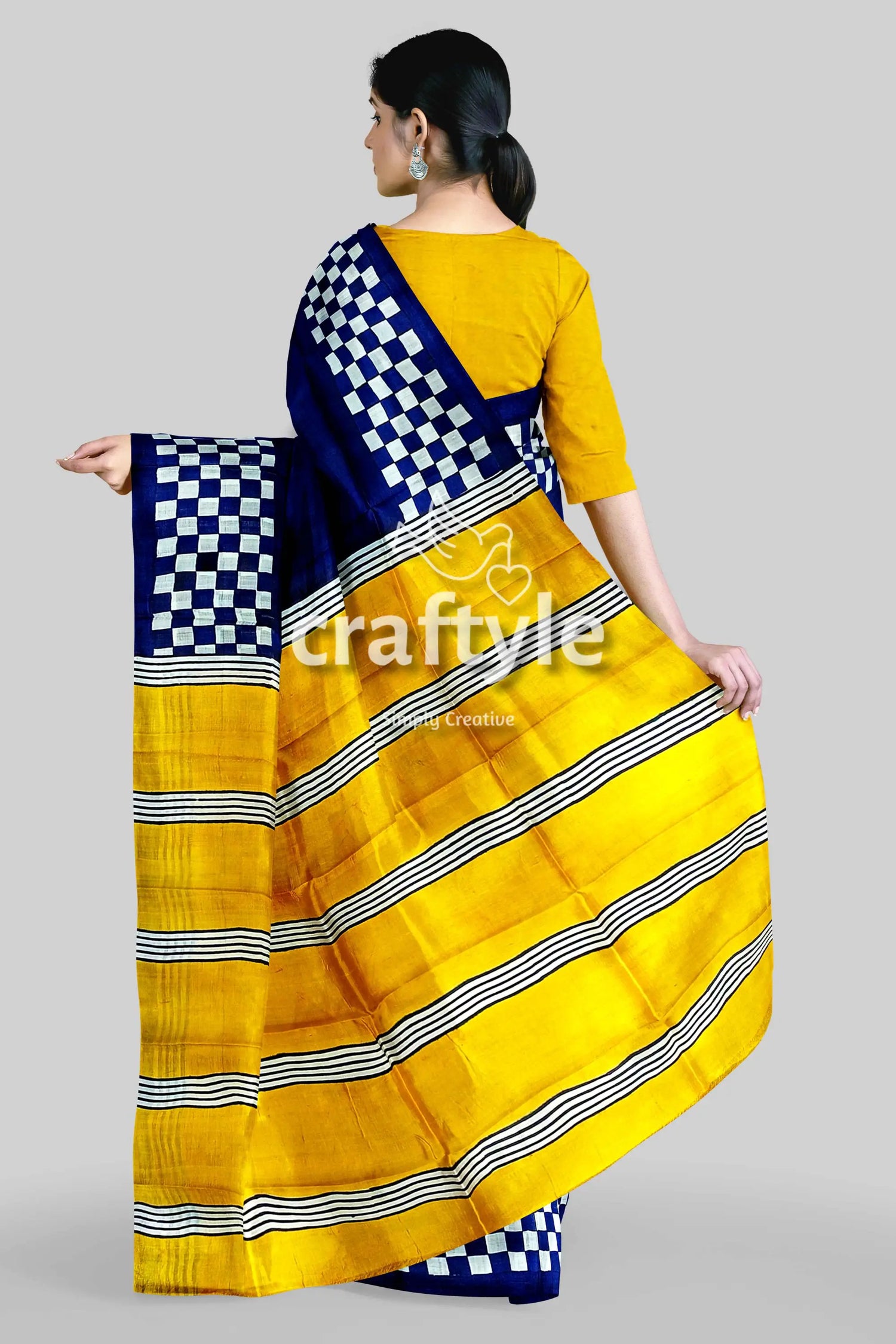 Hand block print mulberry pure silk saree in imperial blue and yellow woman blue yellow checkered saree 5