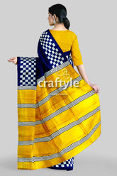 Hand block print mulberry pure silk saree in imperial blue and yellow woman blue yellow checkered saree 5