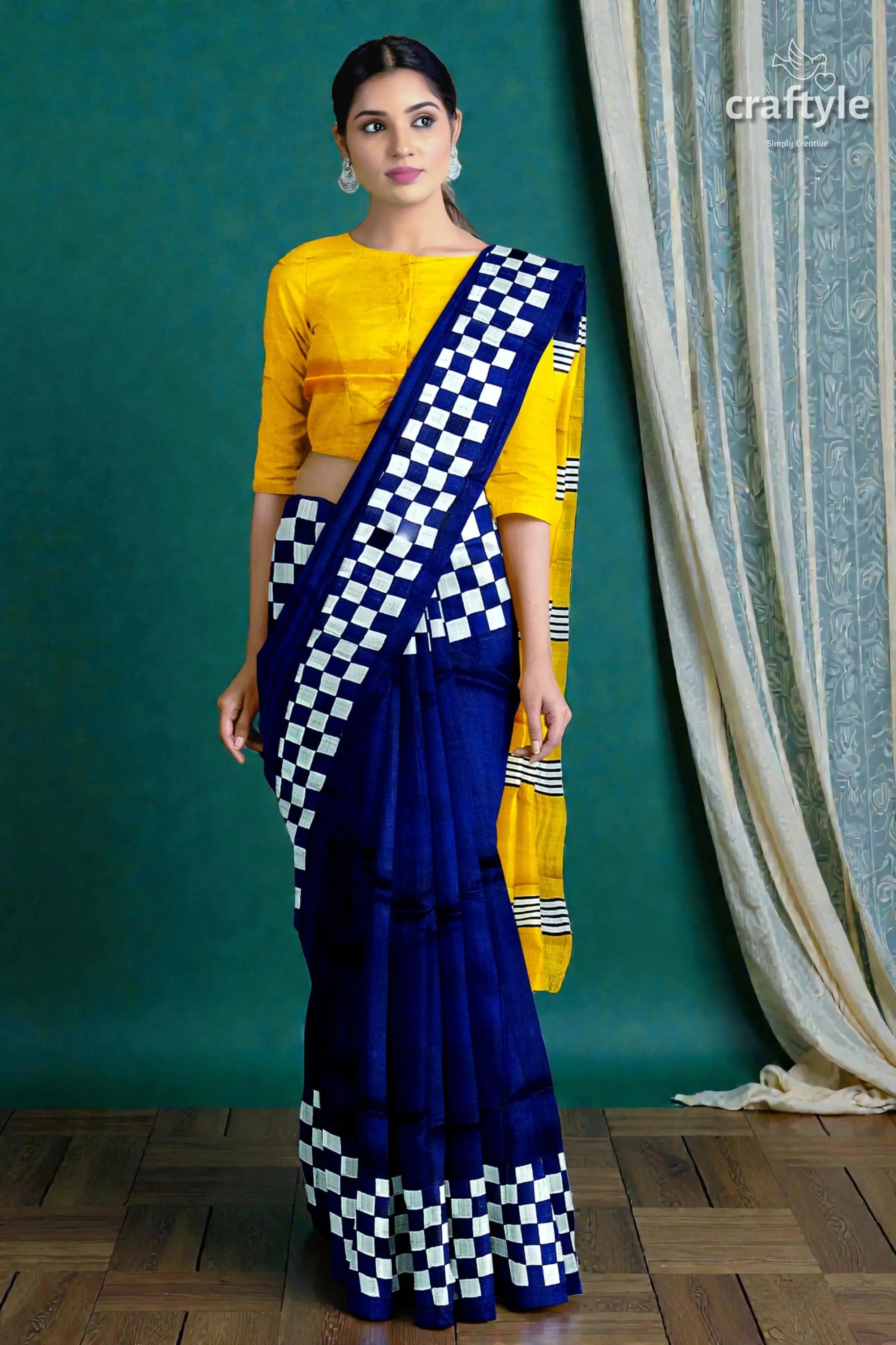 Hand block print mulberry pure silk saree in imperial blue and yellow 4