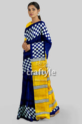 Hand block print mulberry pure silk saree in imperial blue and yellow woman blue yellow checkered saree 3