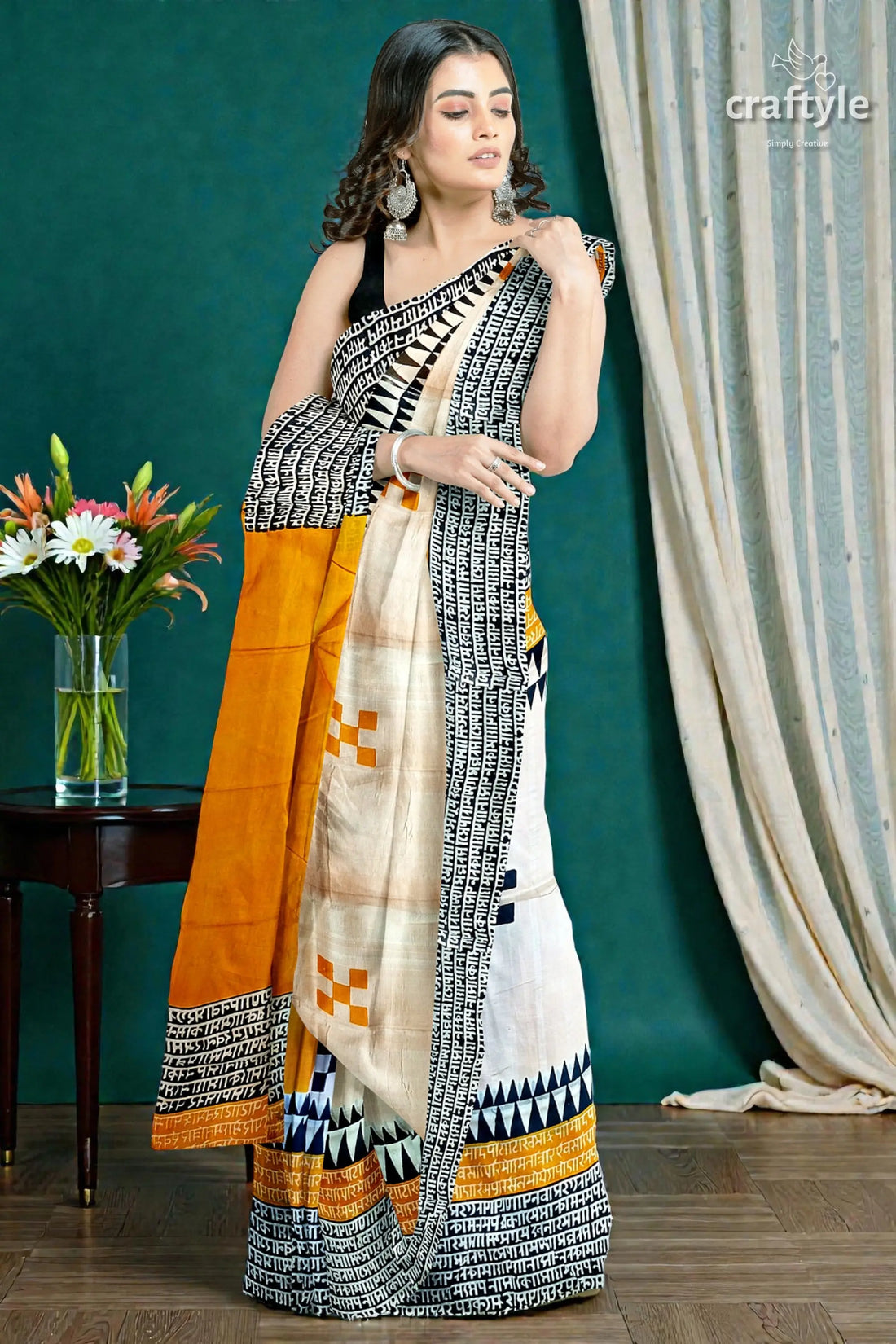 Hand block print mulberry pure silk saree - saffron yellow with black design 2