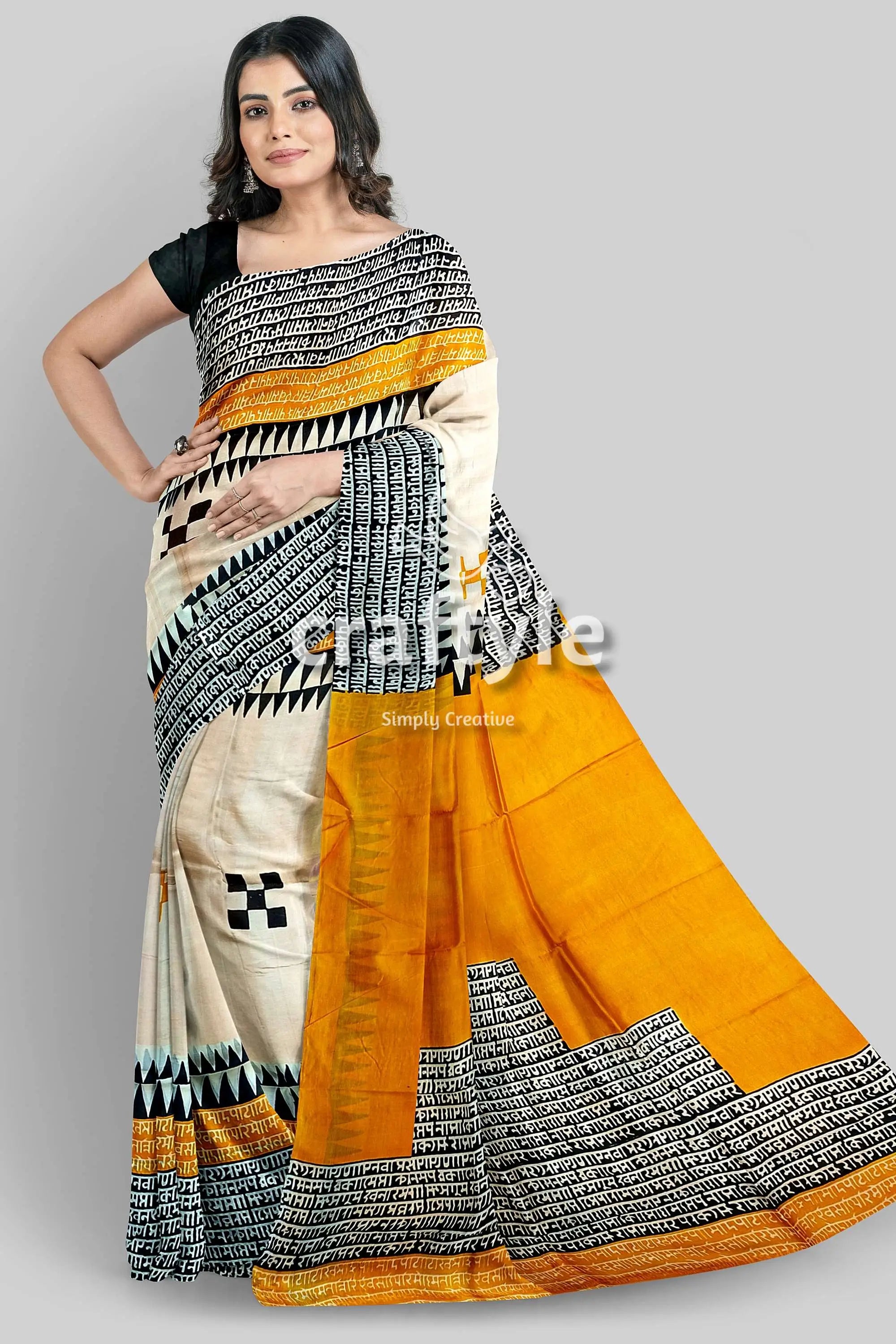 Hand block print mulberry pure silk saree - saffron yellow with black design woman patterned saree 4