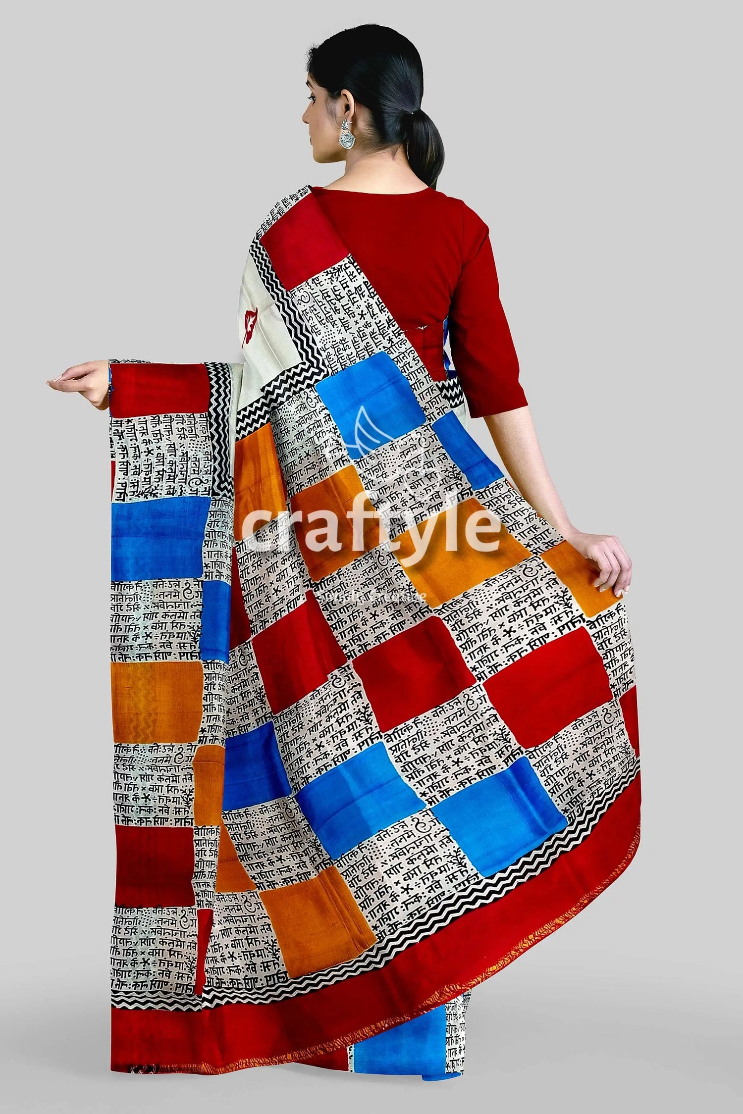 Hand block print multicolor pure mulberry silk saree - exclusive design colorful checkered saree 5
