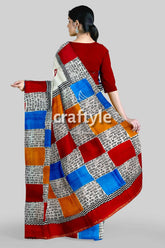Hand block print multicolor pure mulberry silk saree - exclusive design colorful checkered saree 5