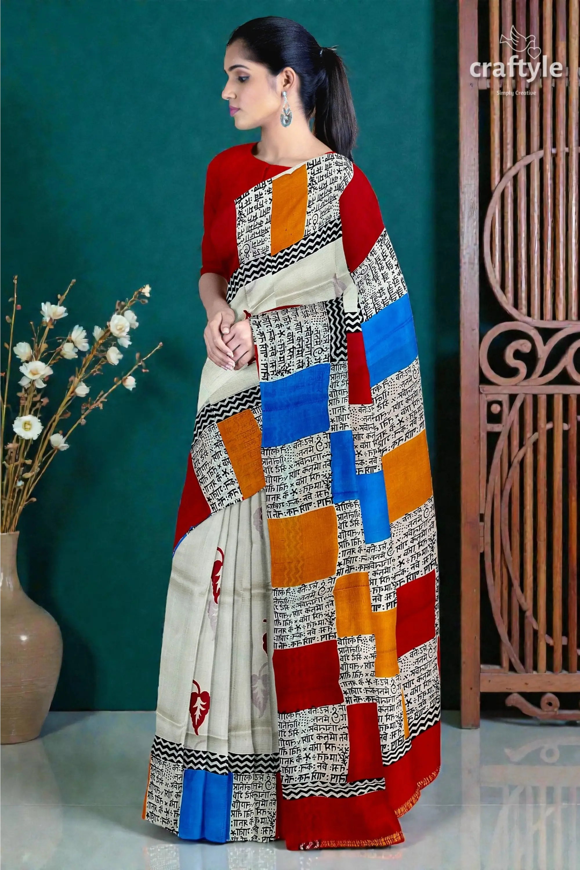 Hand block print multicolor pure mulberry silk saree - exclusive design 2