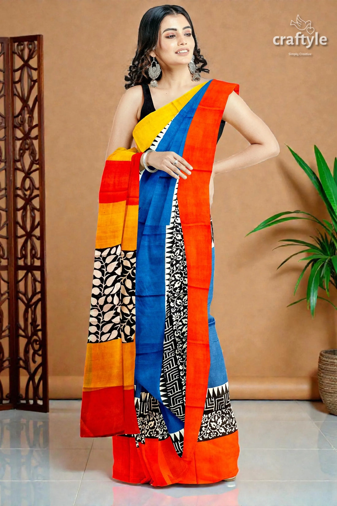 Hand block print pure mulberry silk saree in brilliant azure blue multicolor 2