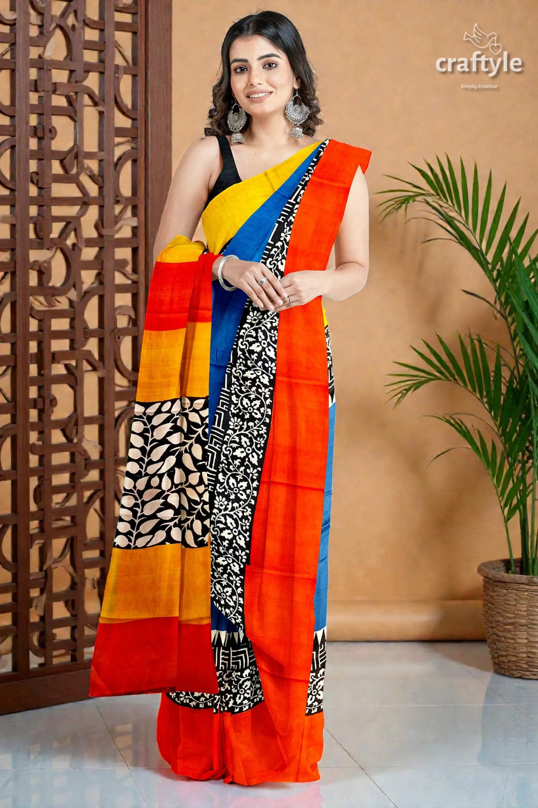Hand block print pure mulberry silk saree in brilliant azure blue multicolor 1
