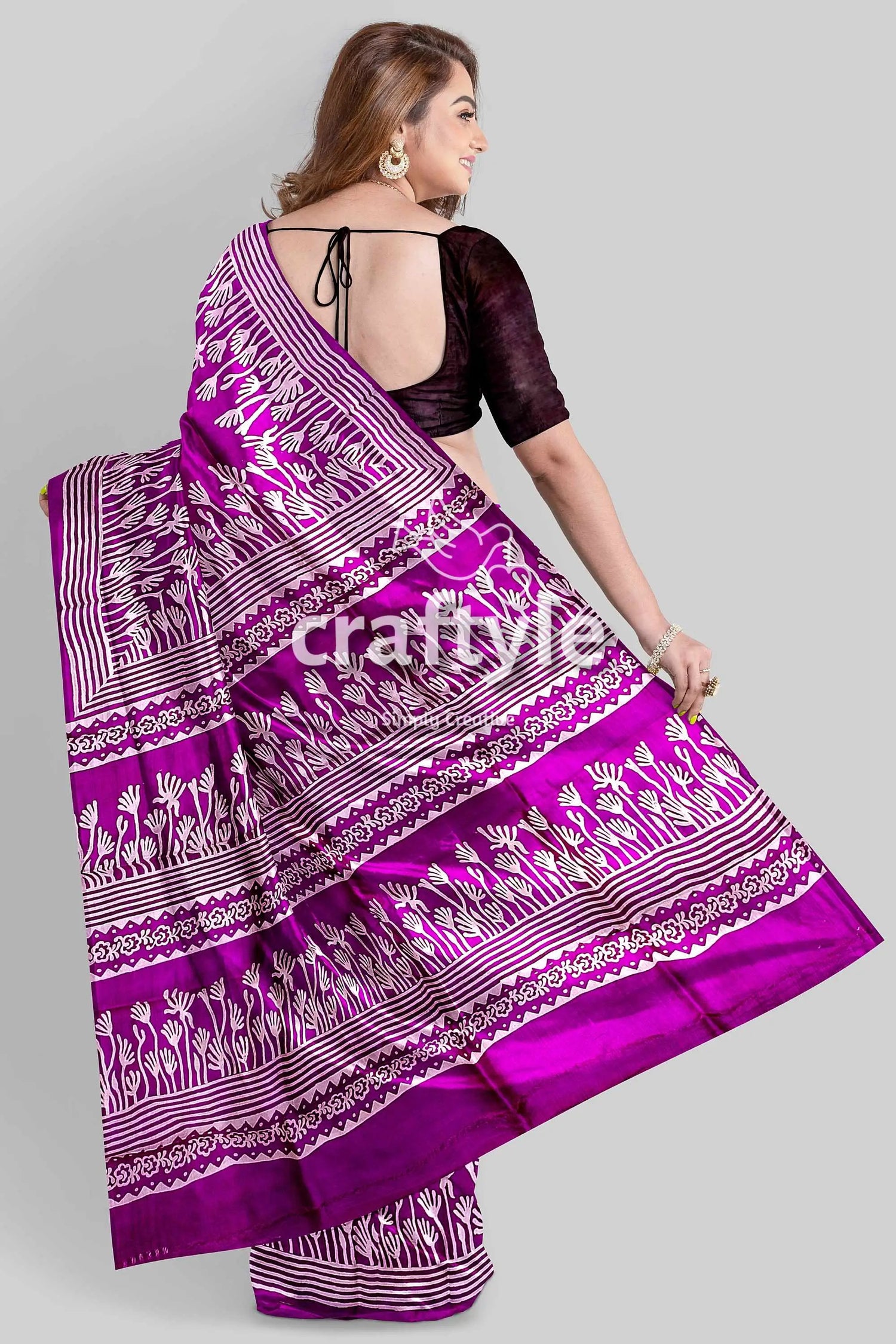 Hand block print pure mulberry silk saree - purple white elegant indian sari purple white patterned saree 5