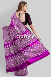 Hand block print pure mulberry silk saree - purple white elegant indian sari purple white patterned saree 5