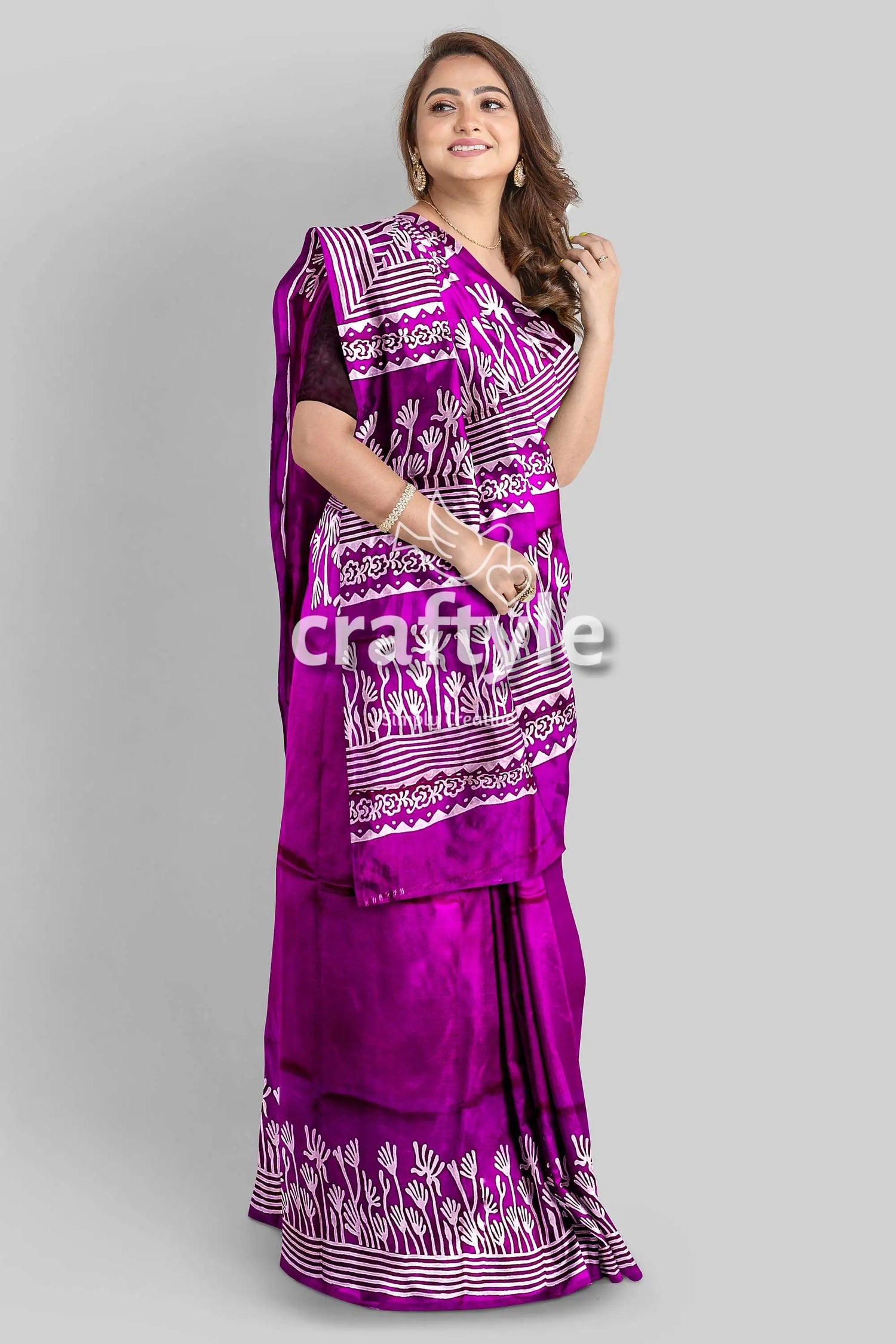 Hand block print pure mulberry silk saree - purple white elegant indian sari purple silk saree white patterns 4