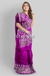Hand block print pure mulberry silk saree - purple white elegant indian sari purple silk saree white patterns 4
