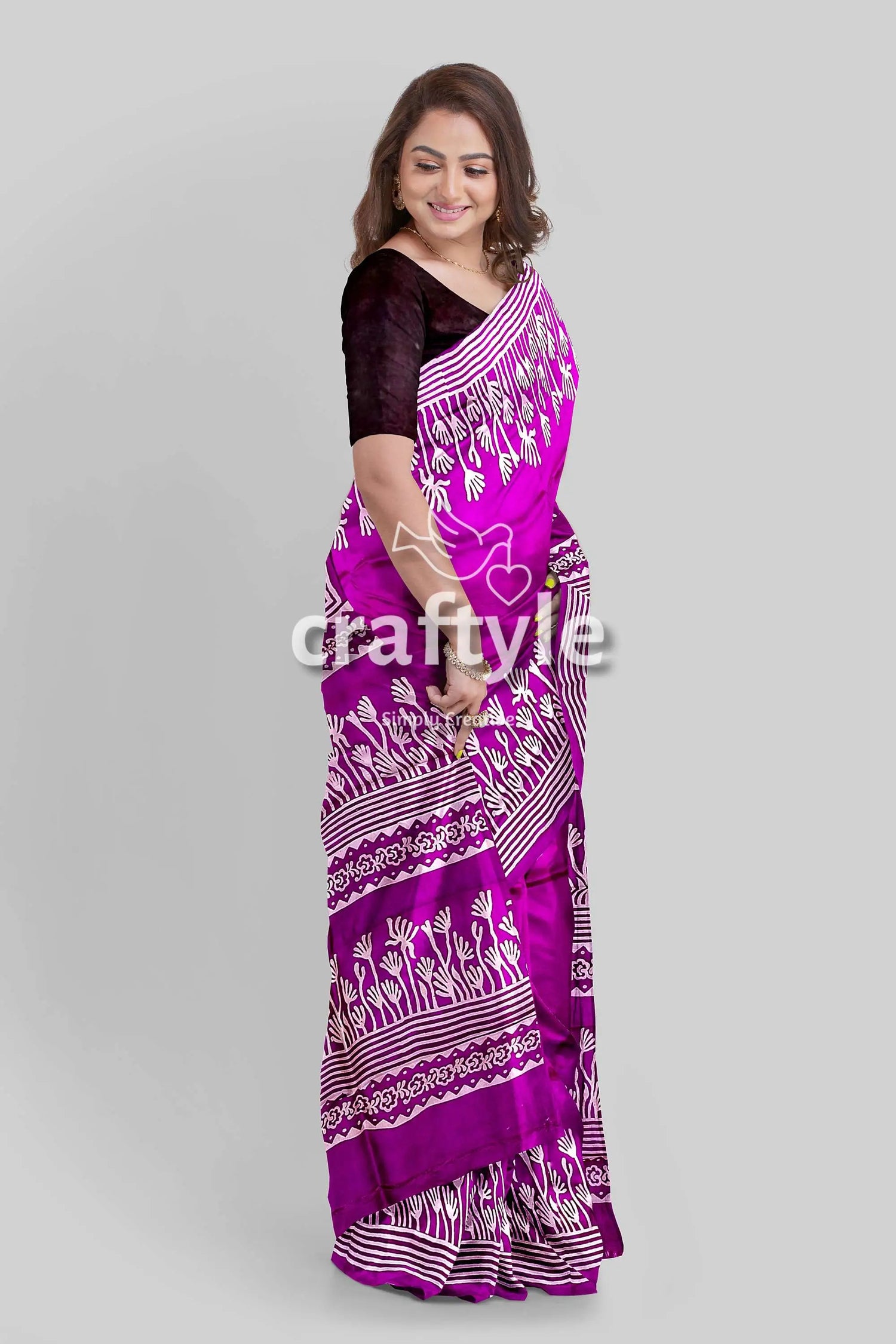 Hand block print pure mulberry silk saree - purple white elegant indian sari woman purple patterned saree 3