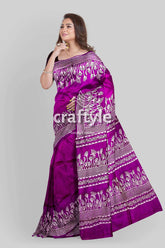 Hand block print pure mulberry silk saree - purple white elegant indian sari purple saree white floral geometric 2