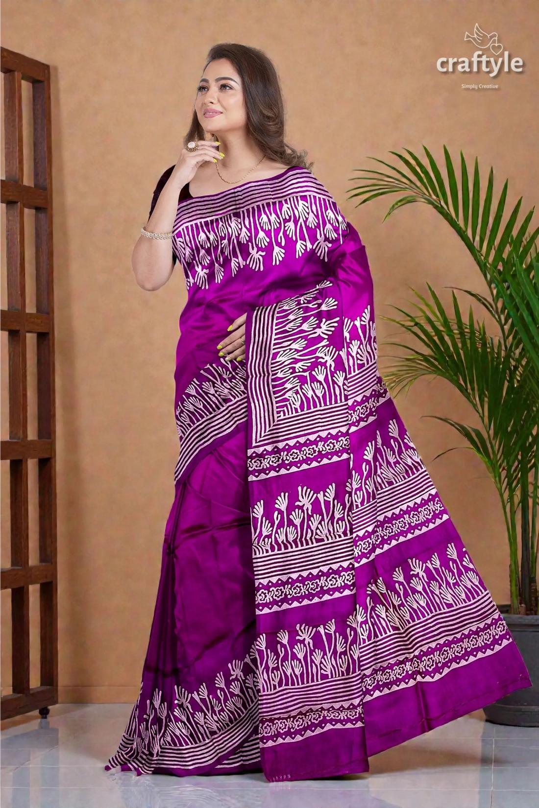 Hand block print pure mulberry silk saree - purple white elegant indian sari 2