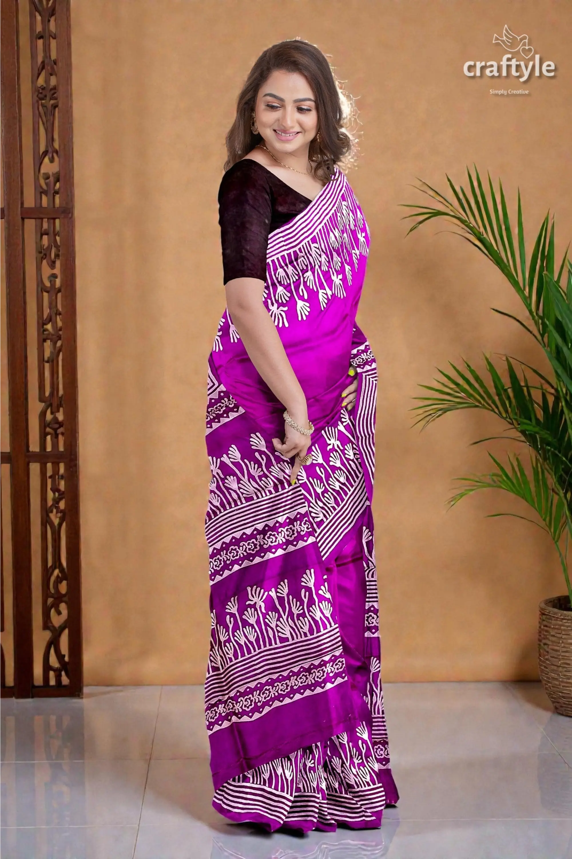 Hand block print pure mulberry silk saree - purple white elegant indian sari 3