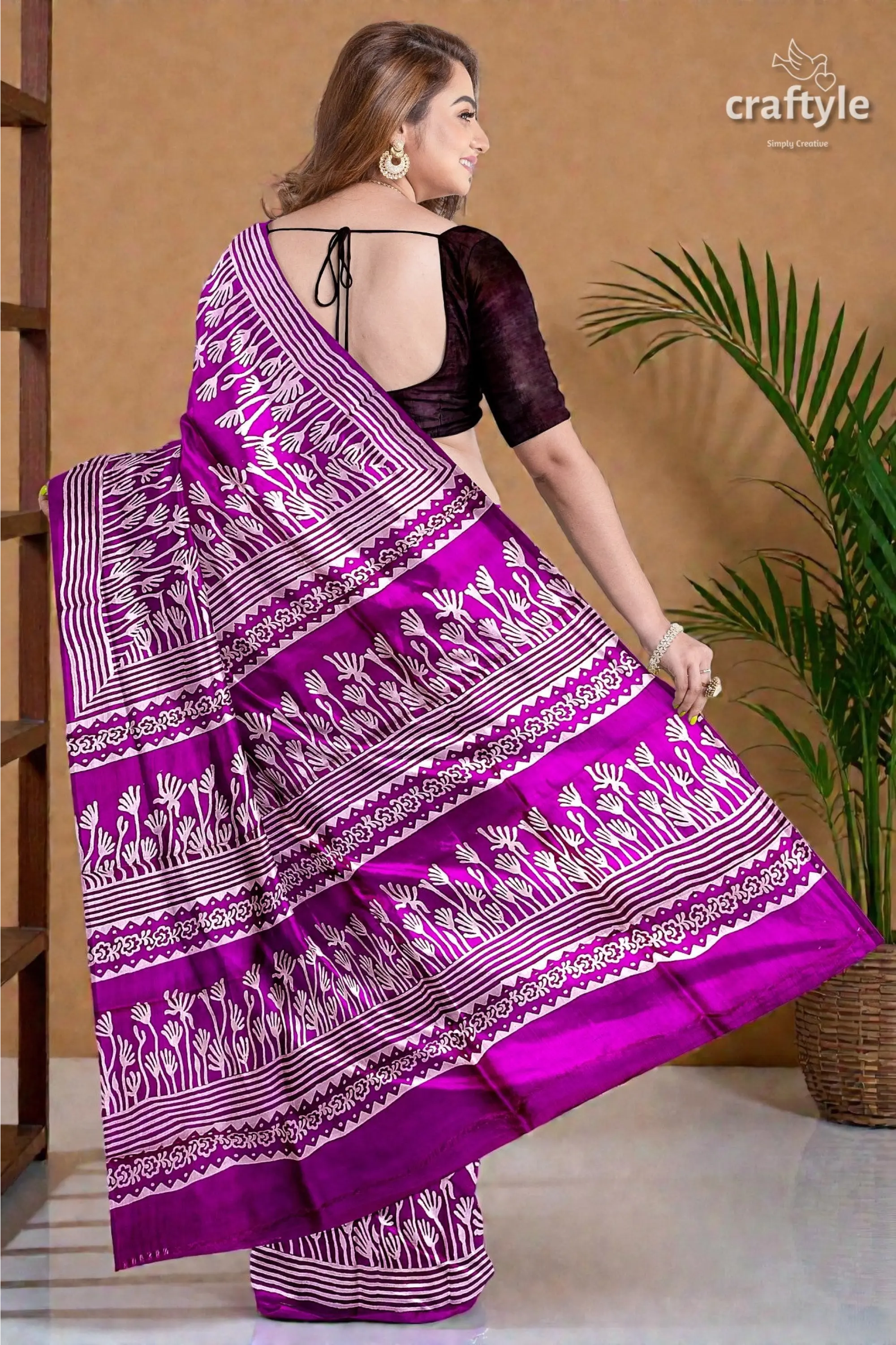 Hand block print pure mulberry silk saree - purple white elegant indian sari 5
