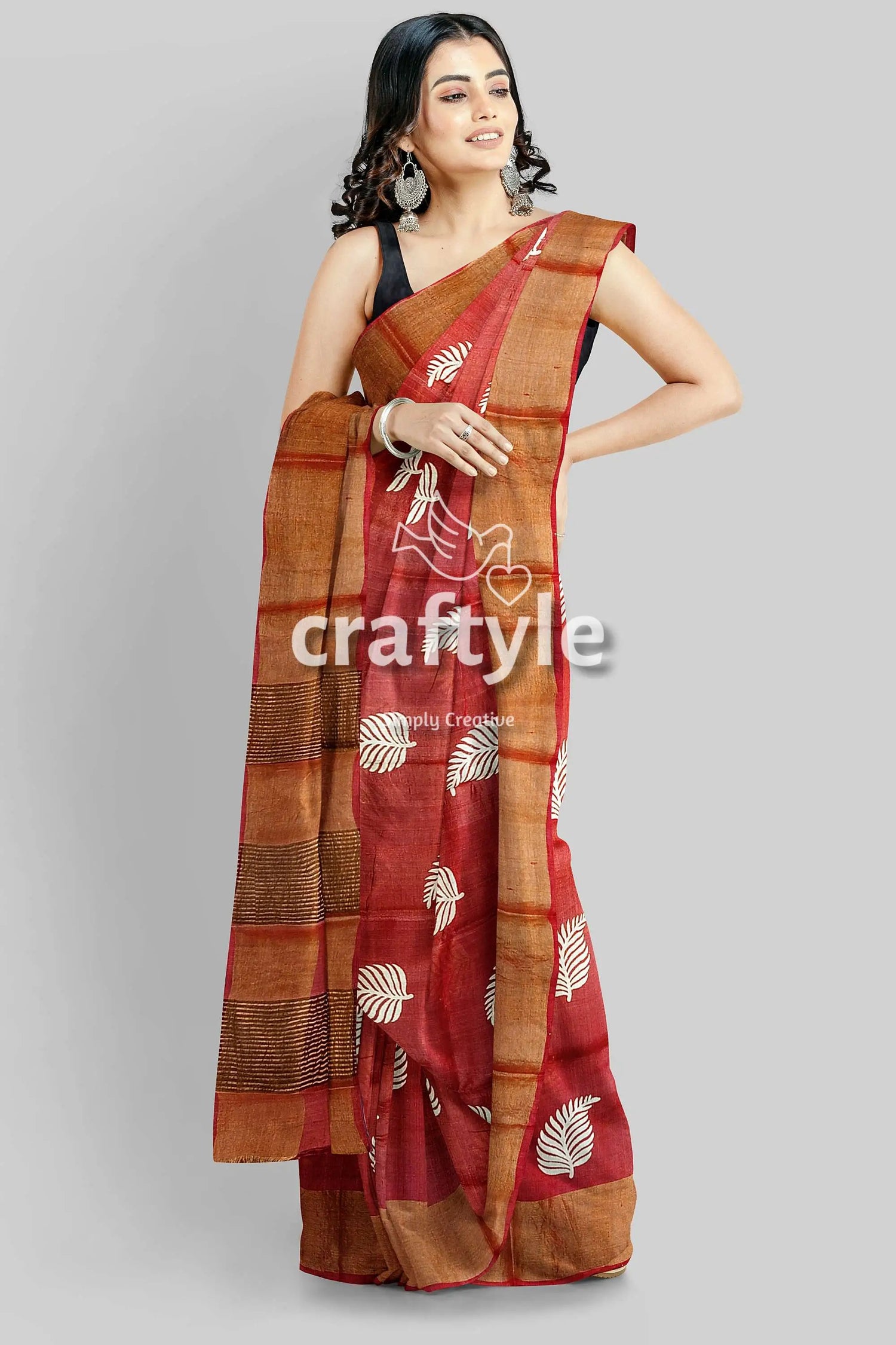 Hand block print reddish brown pure tussar silk saree with zari border woman red brown saree 3