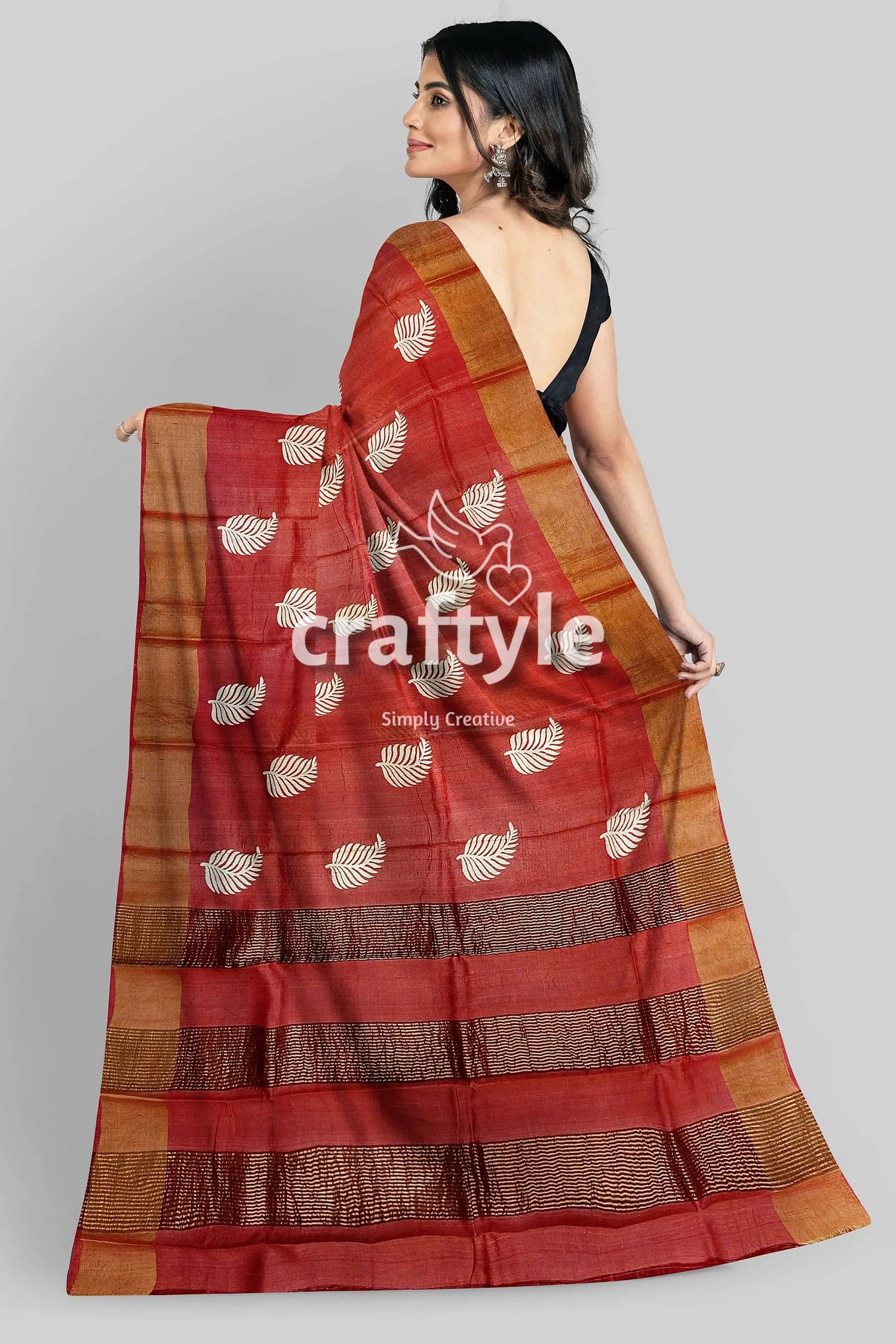 Hand block print reddish brown pure tussar silk saree with zari border red brown striped saree leaf 6