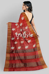 Hand block print reddish brown pure tussar silk saree with zari border red brown striped saree leaf 6
