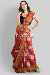 Hand block print reddish brown pure tussar silk saree with zari border woman red gold saree 5