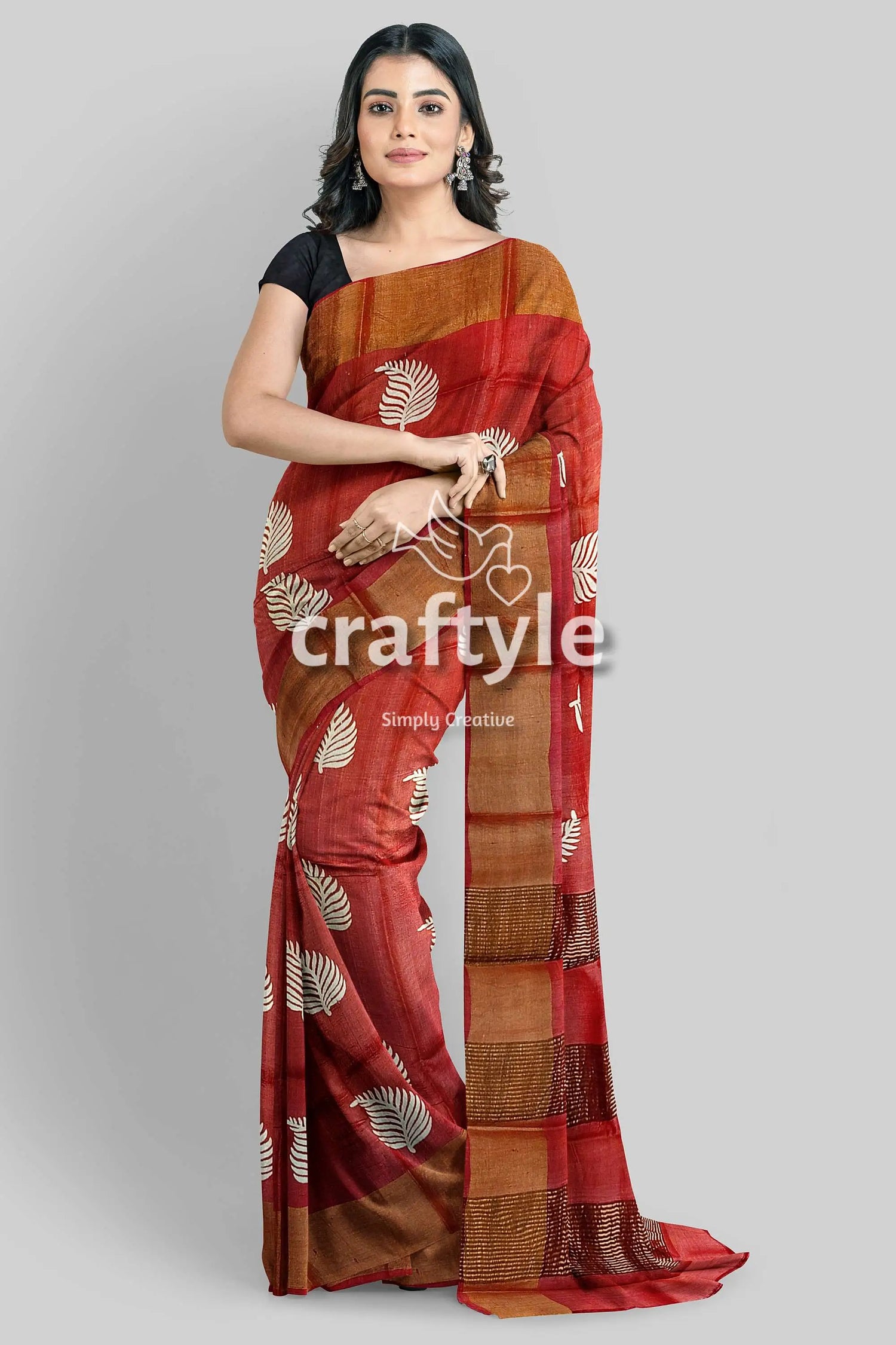 Hand block print reddish brown pure tussar silk saree with zari border red brown saree leaf pattern 2