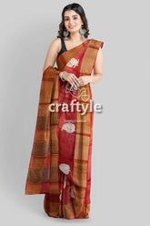 Hand block print reddish brown pure tussar silk saree with zari border woman red brown saree 4