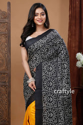 Hand block print yellow and black warli design pure mulberry silk saree woman black white patterned saree 2