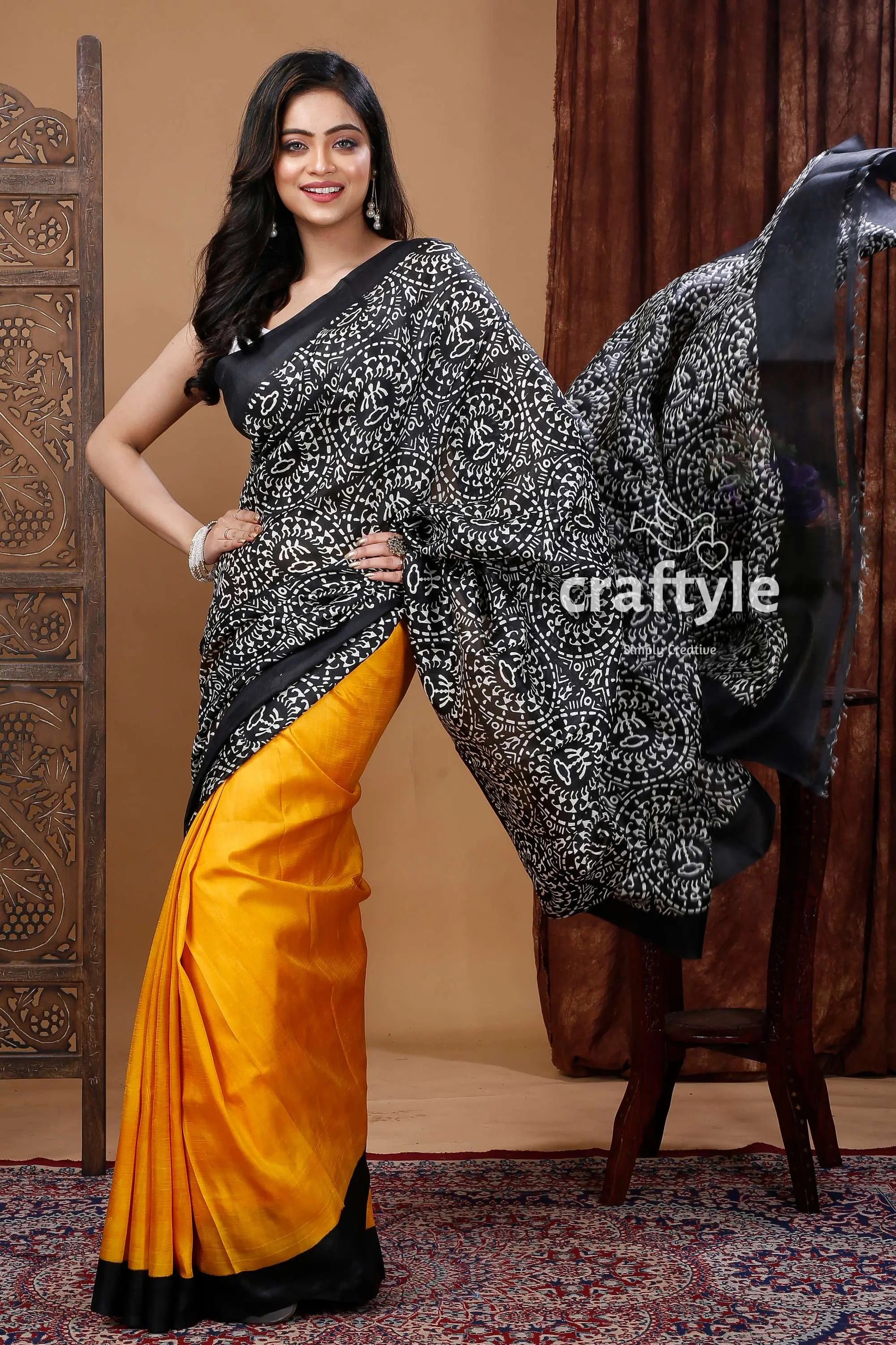Hand block print yellow and black warli design pure mulberry silk saree woman black yellow saree 5