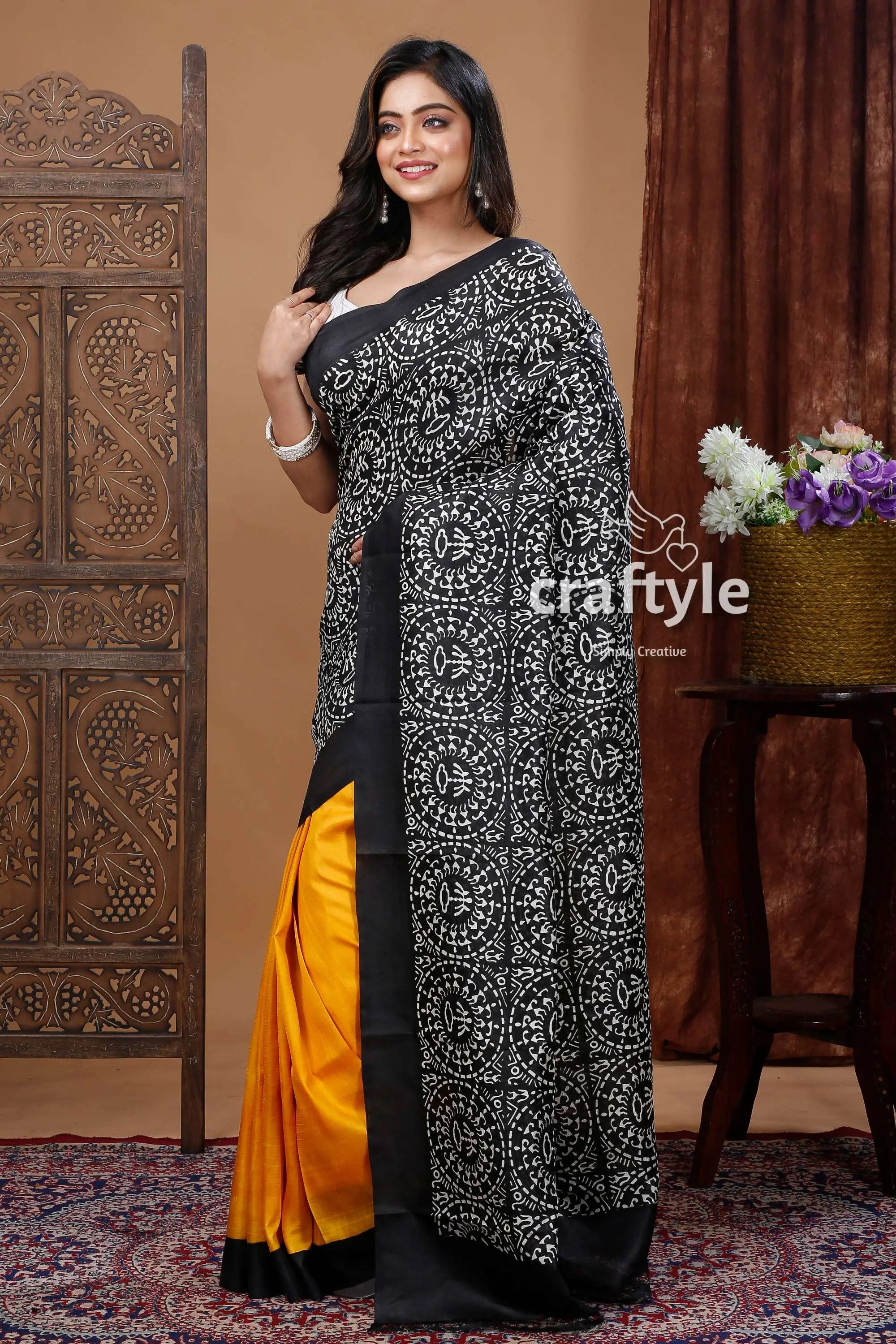 Hand block print yellow and black warli design pure mulberry silk saree black yellow patterned saree 3
