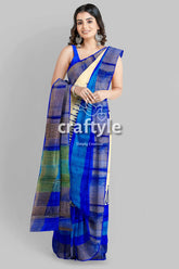 Hand block printed azure blue pure tussar silk saree with zari border woman blue cream saree 3