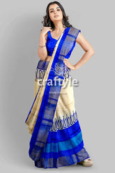 Hand block printed azure blue pure tussar silk saree with zari border woman blue cream saree 4