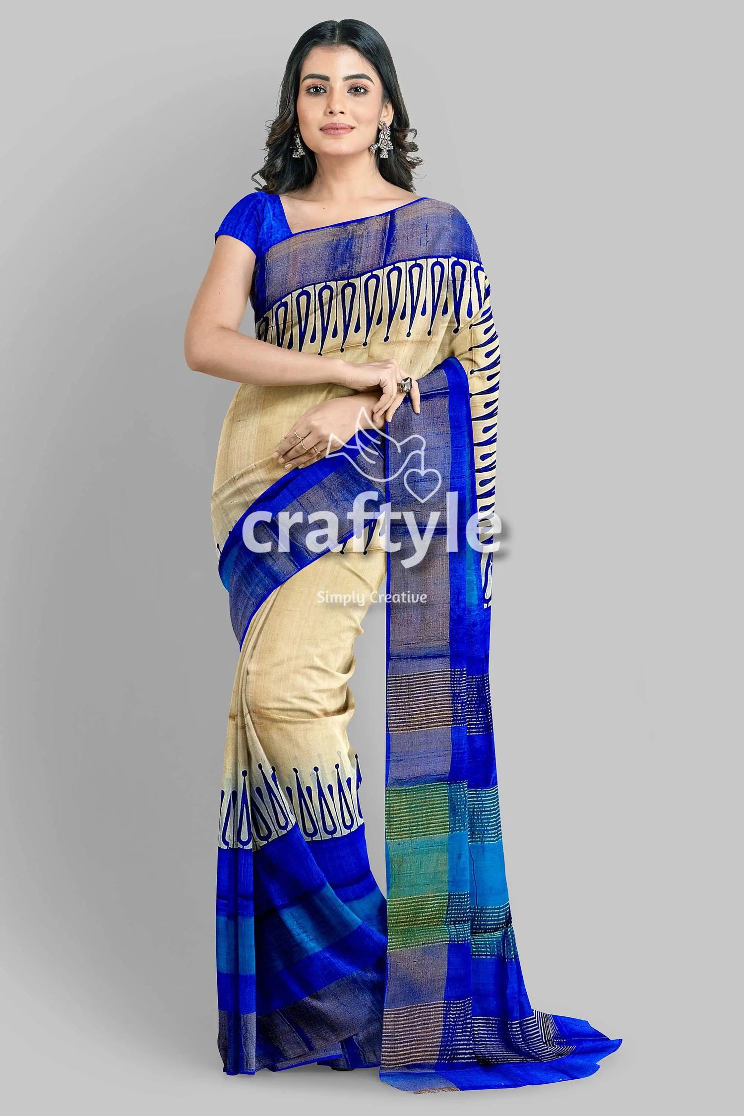 Hand block printed azure blue pure tussar silk saree with zari border woman beige blue saree 5
