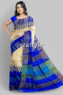 Hand block printed azure blue pure tussar silk saree with zari border woman blue beige saree 1