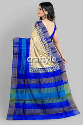Hand block printed azure blue pure tussar silk saree with zari border blue beige saree 6