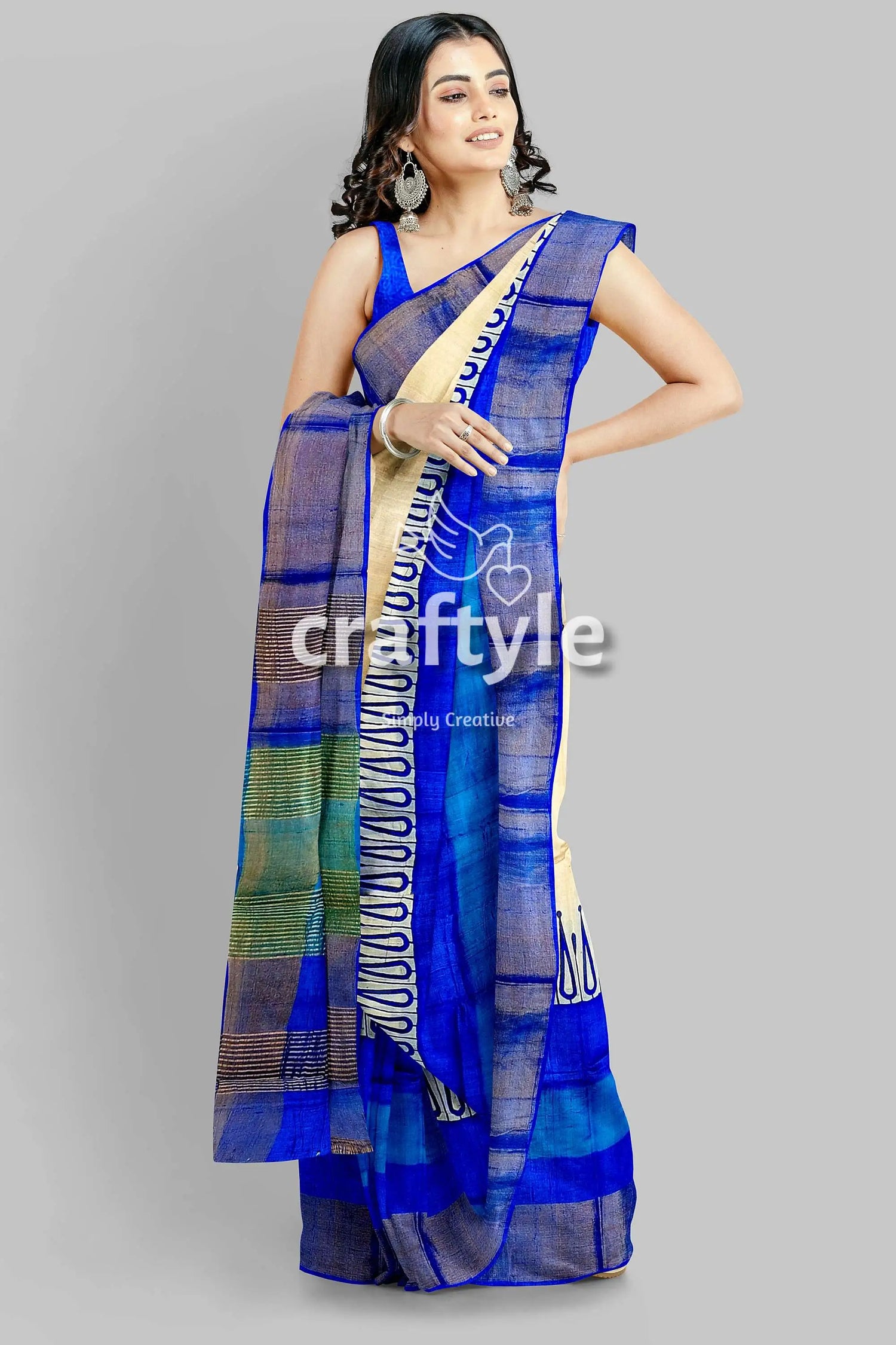 Hand block printed azure blue pure tussar silk saree with zari border elegant blue cream saree 2