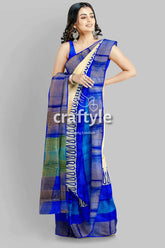 Hand block printed azure blue pure tussar silk saree with zari border elegant blue cream saree 2