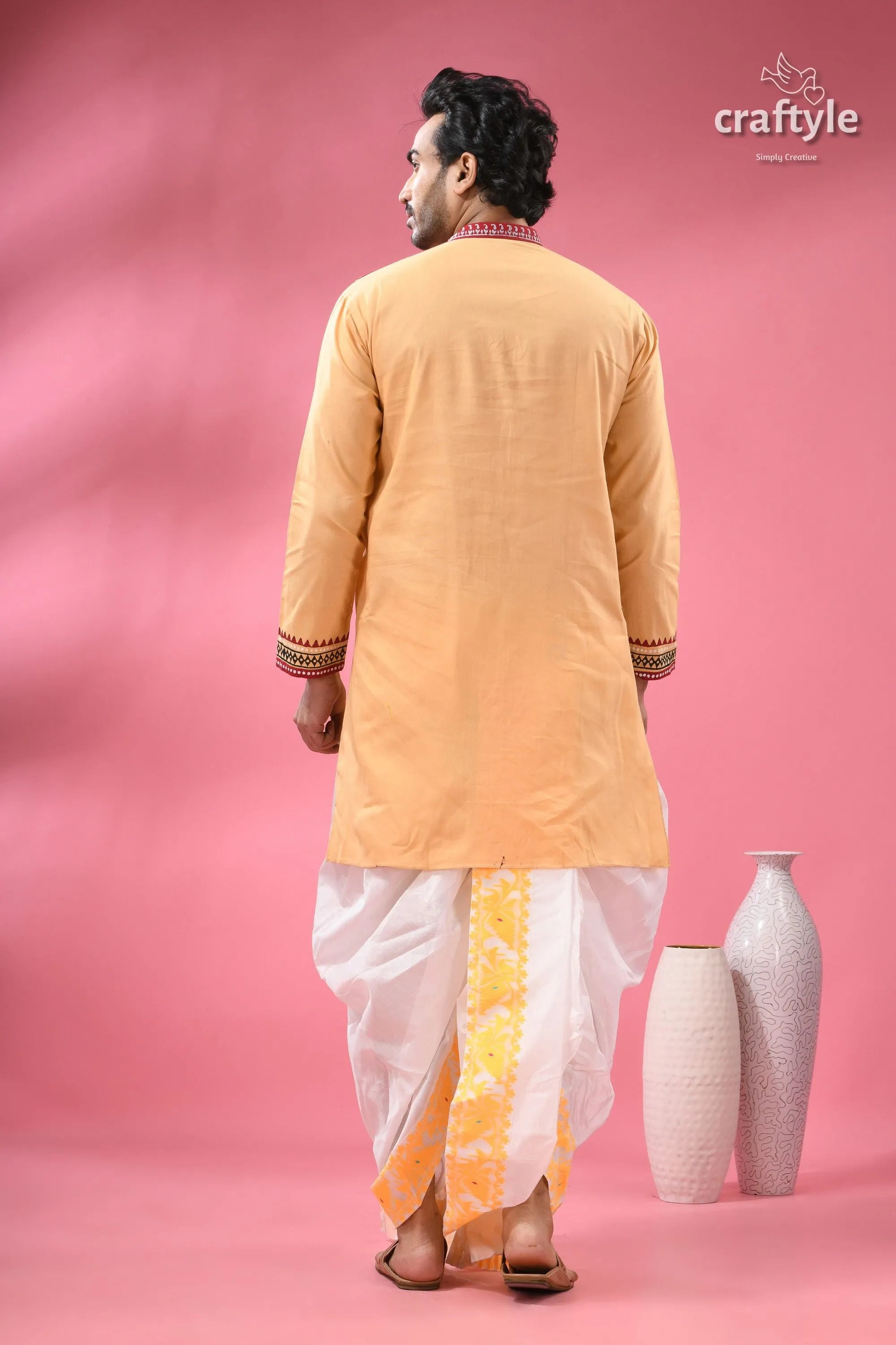 Hand block printed cotton panjabi for men - applique with embroidery men’s traditional indian kurta dhoti 7