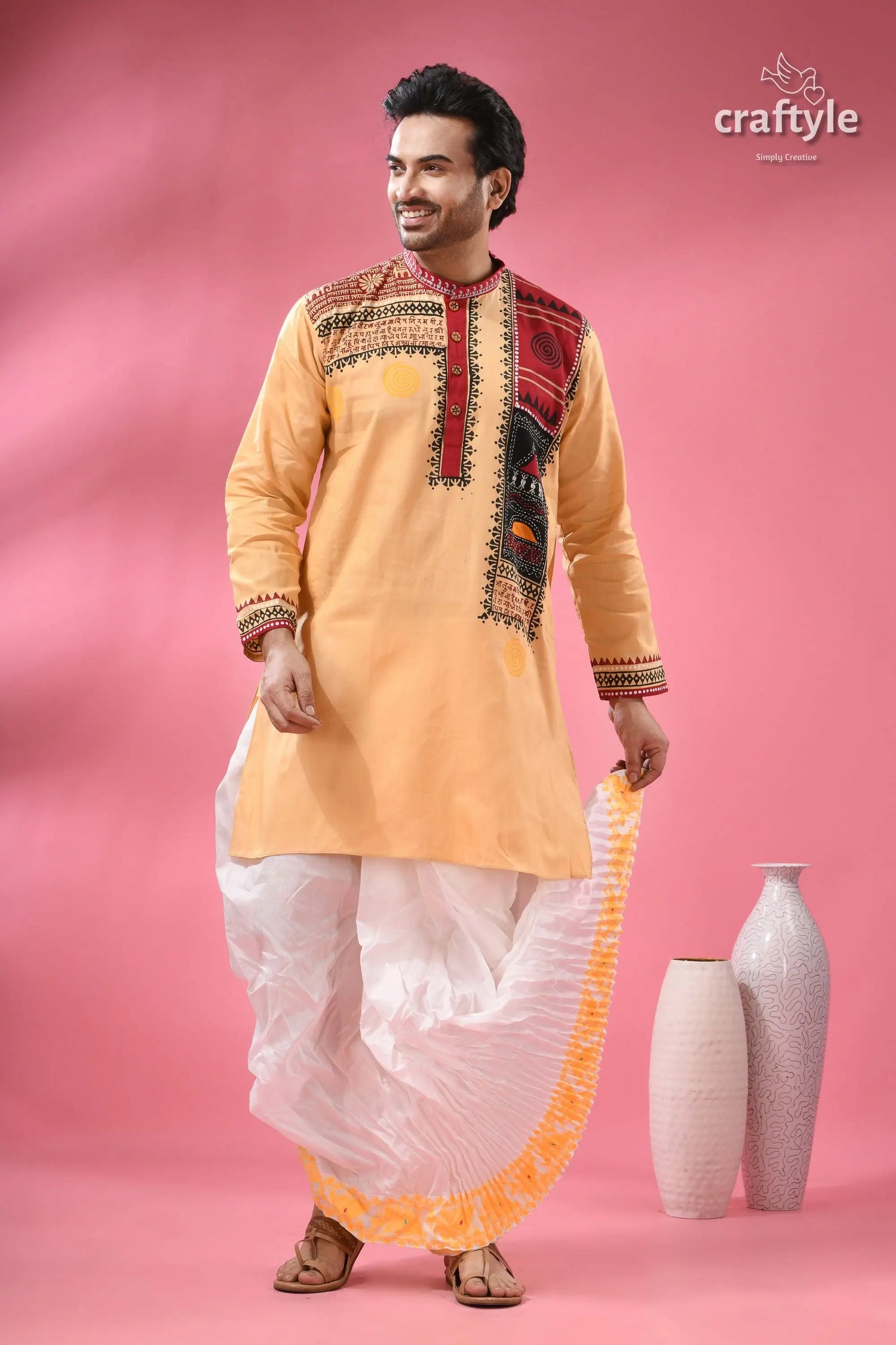 Hand block printed cotton panjabi for men applique with embroidery man’s light orange kurta intricate 6
