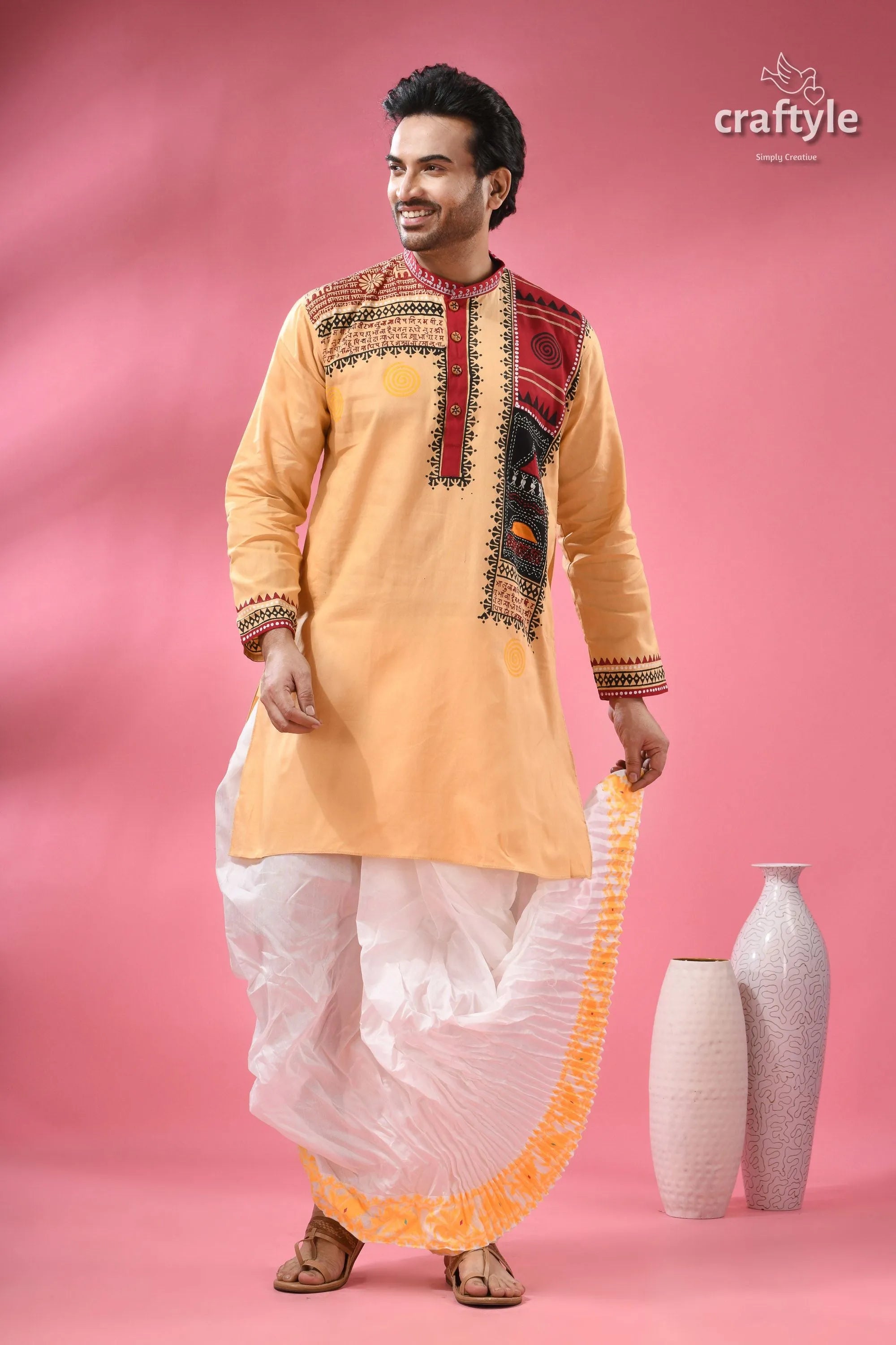Hand block printed cotton panjabi for men - applique with embroidery man’s light orange kurta intricate 6