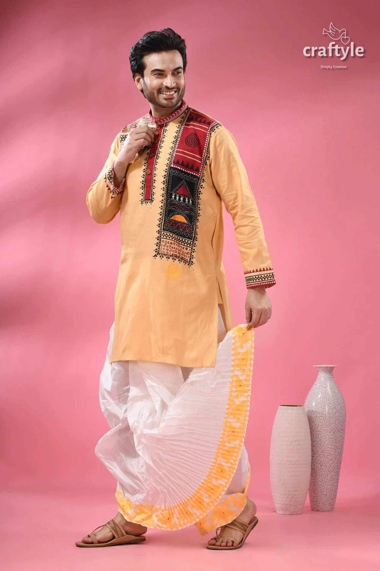 Hand block printed cotton panjabi for men applique with embroidery man peach colored kurta black red 3