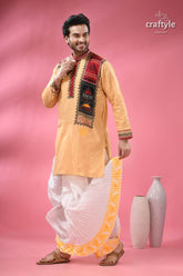 Hand block printed cotton panjabi for men applique with embroidery man peach colored kurta black red 3