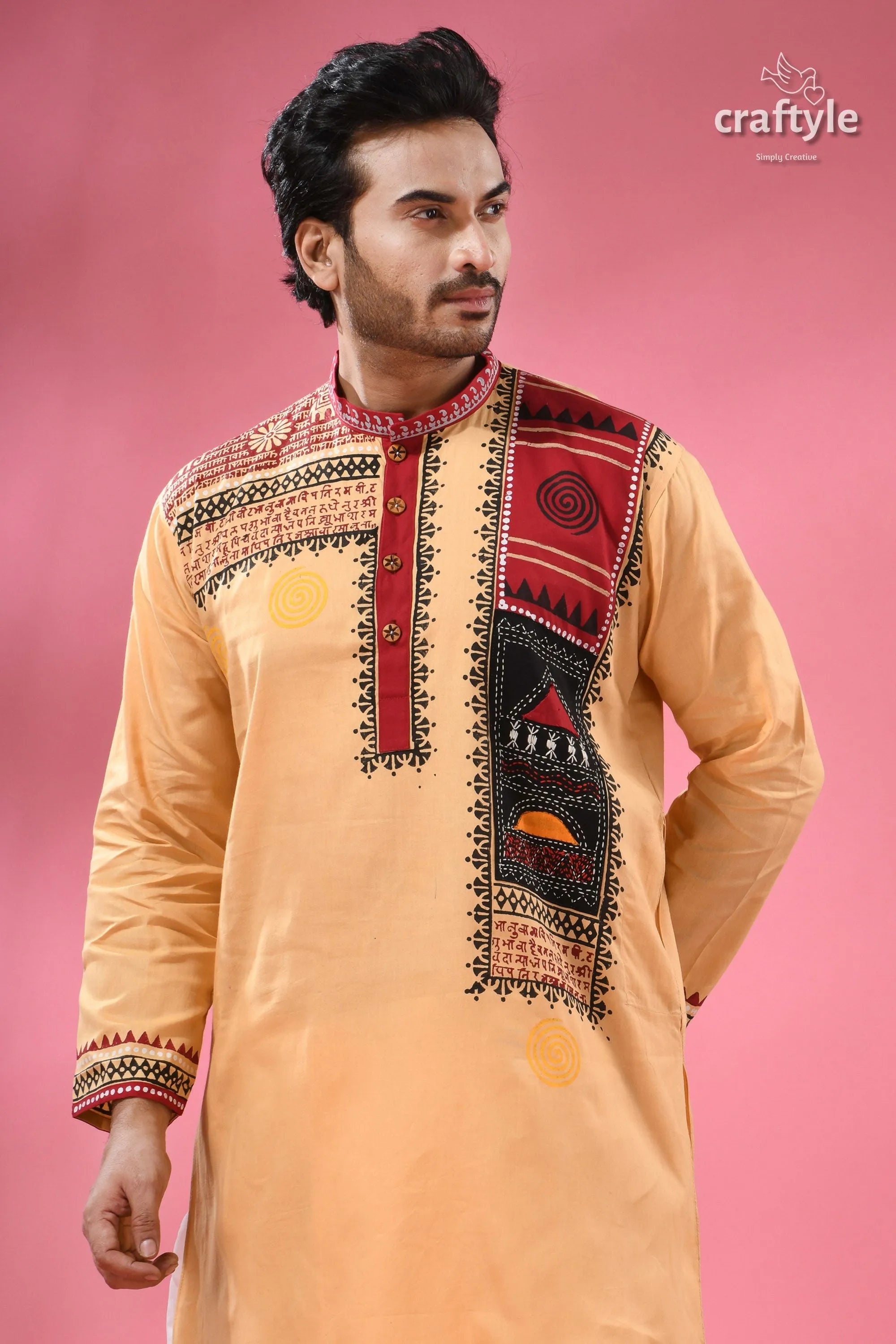 Hand block printed cotton panjabi for men - applique with embroidery men’s peach-colored long-sleeve kurta intricate 2
