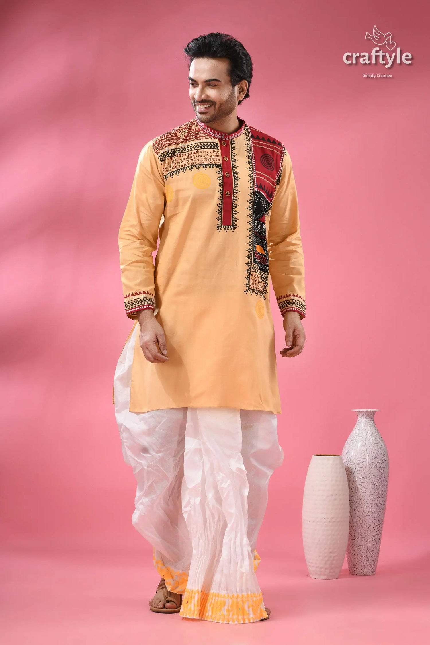 Hand block printed cotton panjabi for men applique with embroidery men’s peach colored embroidered kurta white 5