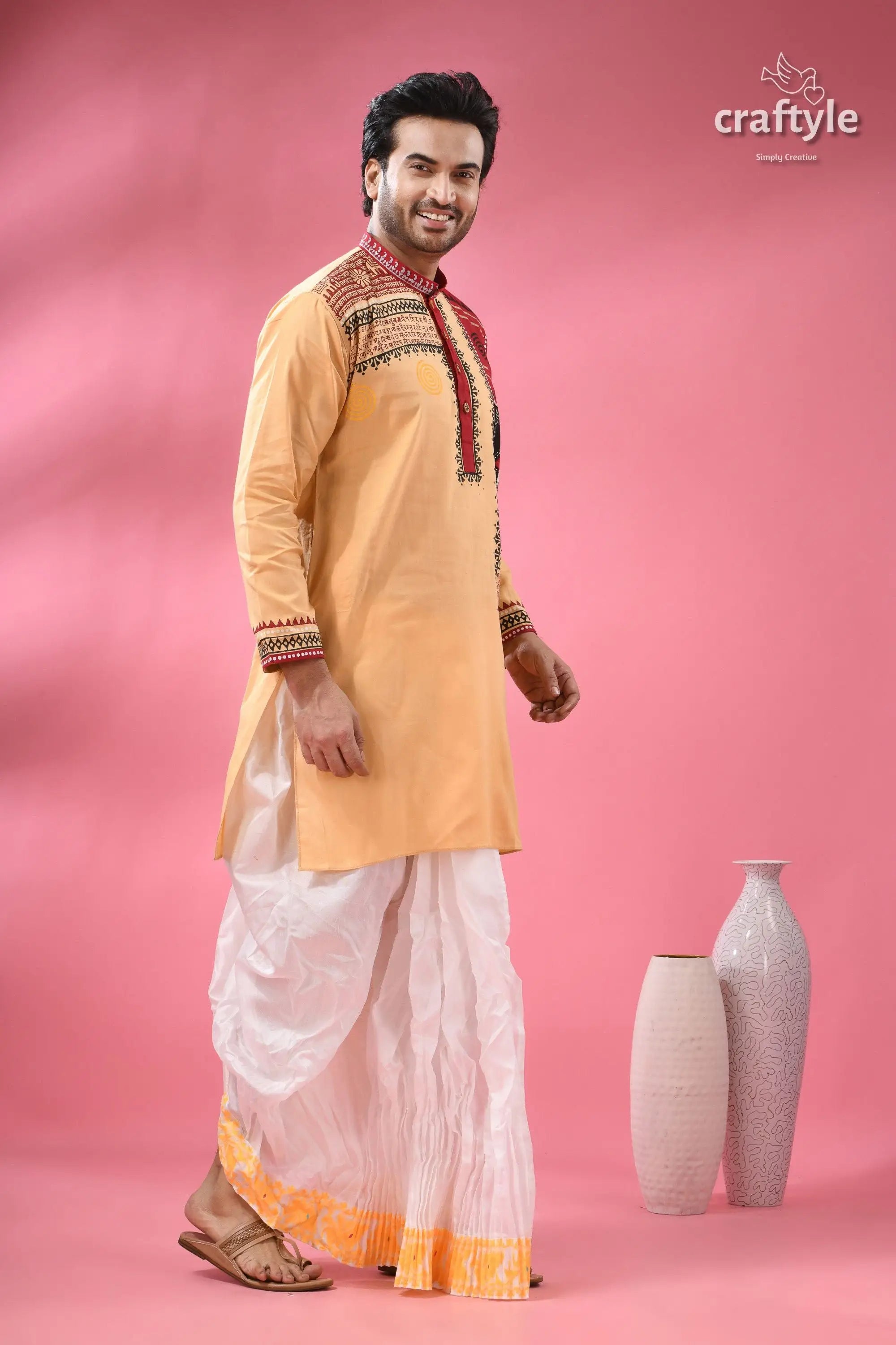 Hand block printed cotton panjabi for men applique with embroidery man traditional light orange kurta 4