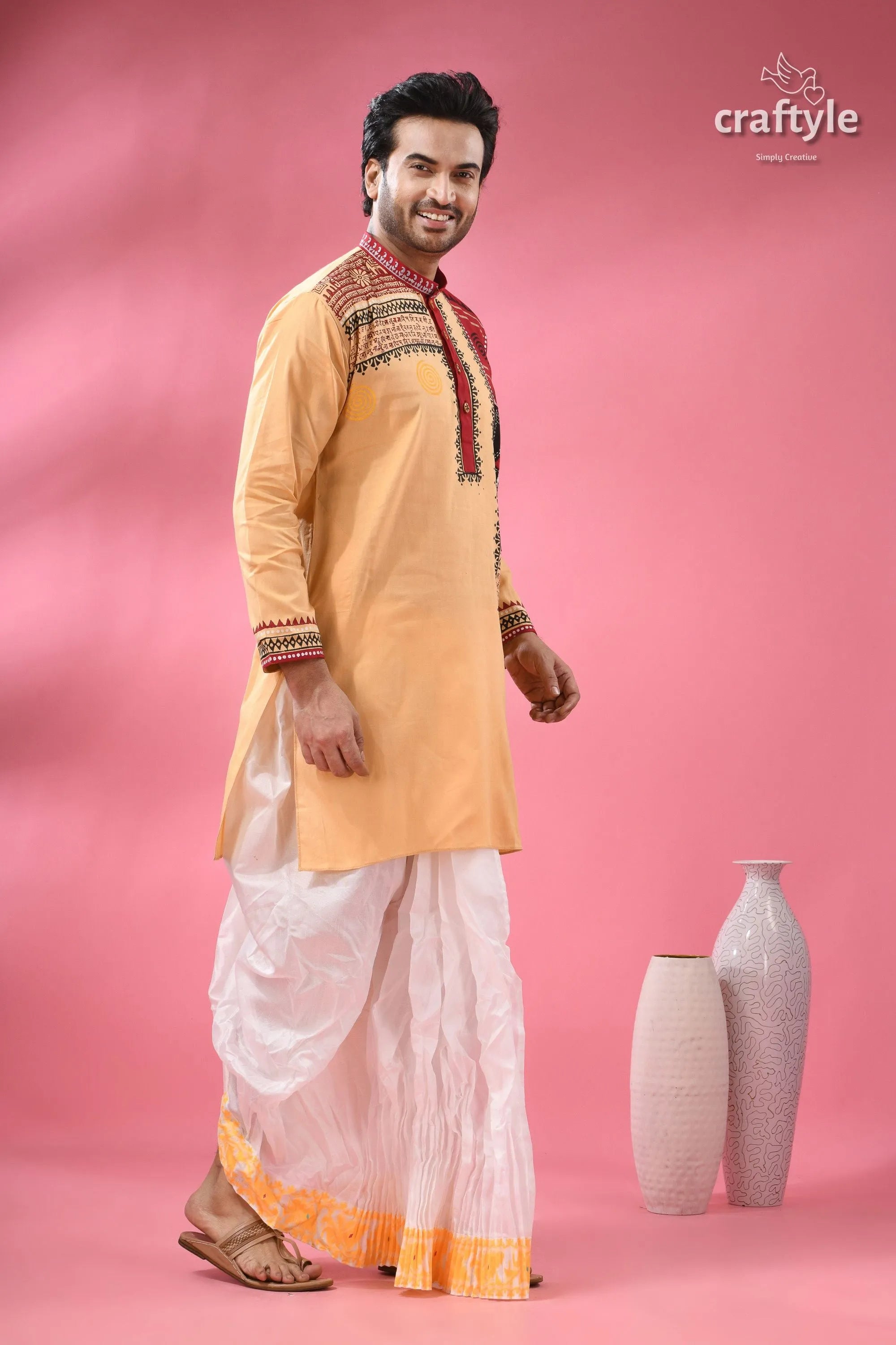 Hand block printed cotton panjabi for men - applique with embroidery man traditional light orange kurta 4