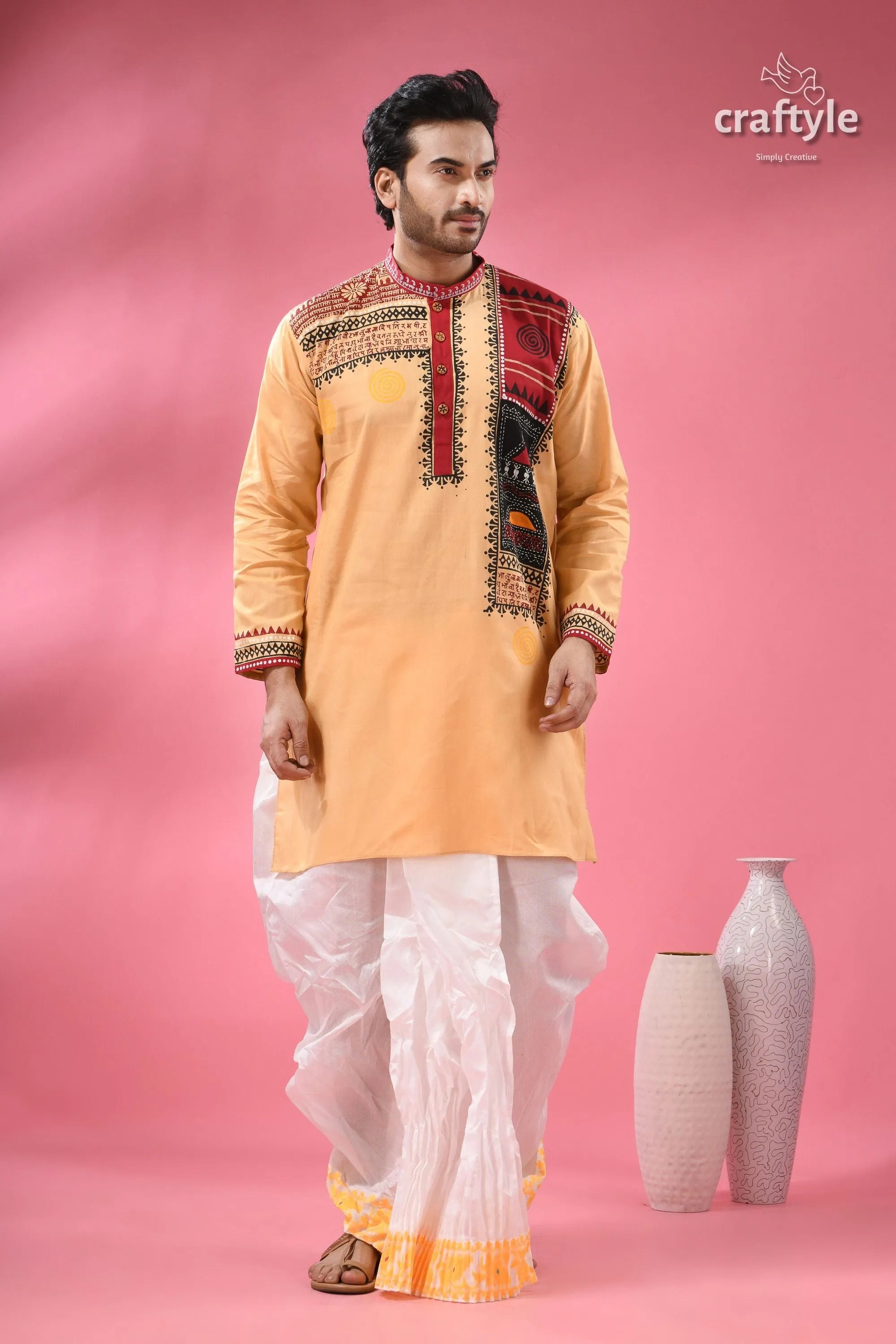 Hand block printed cotton panjabi for men - applique with embroidery man mustard yellow kurta intricate 1