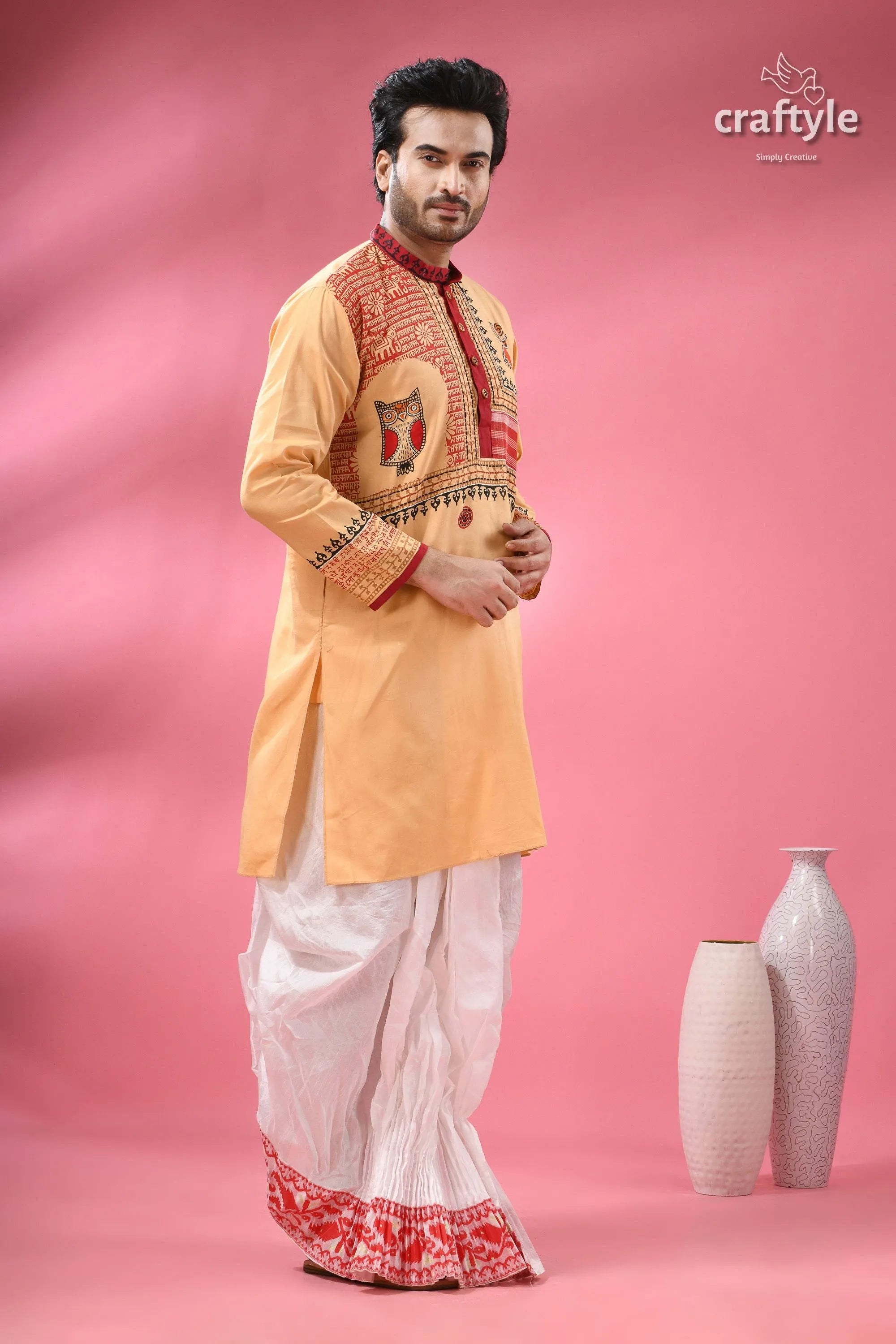 Hand block printed cotton punjabi with applique - ethnic men’s wear men’s peach-colored embroidered kurta white 7