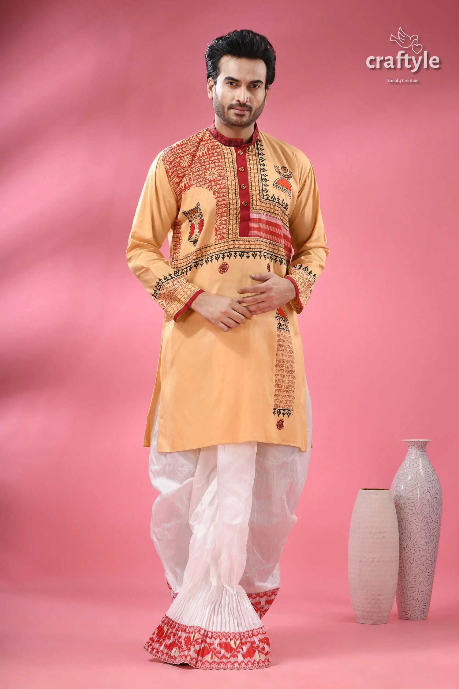 Hand block printed cotton punjabi with applique ethnic men’s wear men’s peach colored kurta red black 5